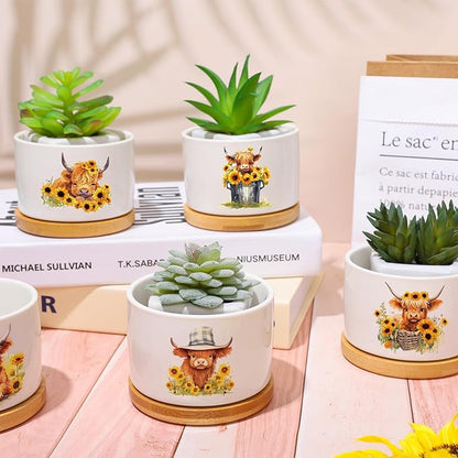 6Pcs Highland Cow Decor Gift Planter Rustic Cow Sunflower Ceramic Succulent Pots Animal Plant with Tray Appreciation Gift for Farmhouse Home Office Kitchen Bathroom, No Plants