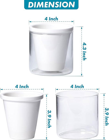 D'vine Dev 4 Inch Design Self Watering Planter for Indoor Plants, White Terracotta Pots with Cylinder Glass Cup, Set of 3, 37-Z-A-2-T
