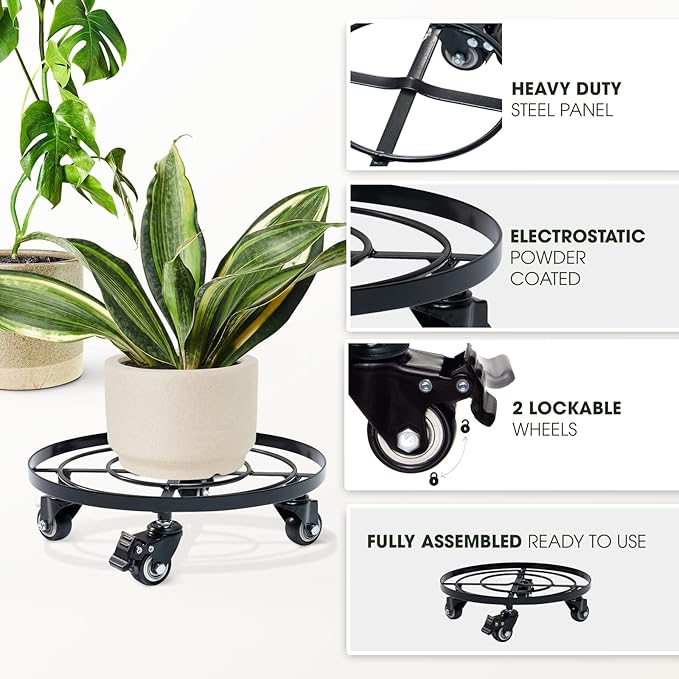 Idzo 14 Inch Heavy Duty Trolley Round Square Metal Plant Caddy, Black for Plant Pots Indoor and Outdoor