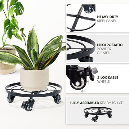 Idzo Round Heavy Duty Plant Caddy with Wheels, Cast Iron Plant Dolly, Plant Stand with Wheels, Load Capacity 180 Lbs, Repositioning Heavy Pots, Hauling Heavy Household Items, 12 Inch - Black