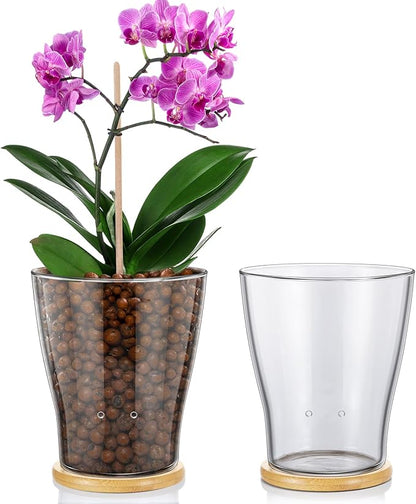 Baderke Glass Orchid Pots with Holes and Bamboo Tray Glass Pot Water Level Control Semi Hydroponic Transparent Root Transparent Indoor Orchid Planter for Home Indoor Outdoor Plant Lovers (6 Inch)