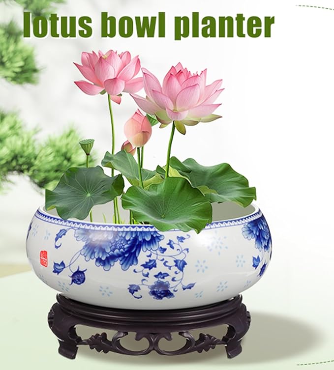 DOITOOL Ceramic Flowerpot Small Hydroponic Daffodil Pot with Base Indoor Bonsai Plant Container for Water Lily Lotus and Succulents 4.13X6.3X4.13 Inches