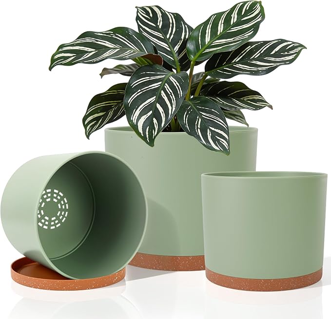 GARDIFE 10/9/8 Inch Modern Cylinder Planter, Plant Pots for Indoor Outdoor Plants, Flower Pots with Drainage Holes and Saucers for Garden Succulent Nursery House Plants (Green-Brown)