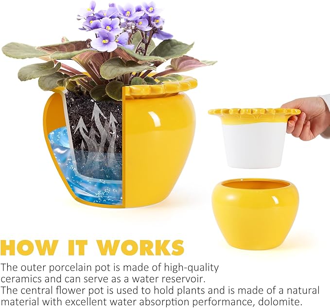 Yellow Lotus Flower Ceramic Self Watering Planter Pot, 5.3 x 4.58 x 4.7 inches, Absorbent, Indoor Outdoor, 2-Piece, Planter Type, 1.25 lbs