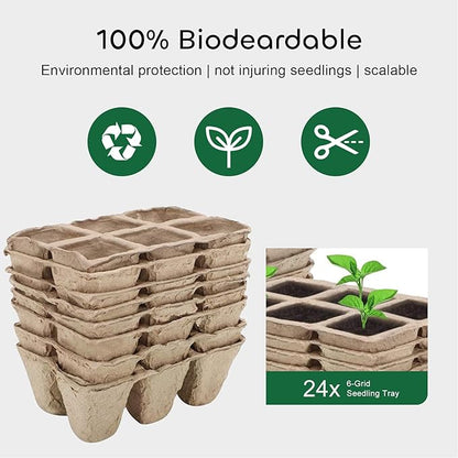 GROWNEER 144 Cells Peat Pots Seed Starter Trays 24 Packs Biodegradable Seedling Pots Germination Trays Organic Plant Starter Kit with 15 Pcs Plant Labels