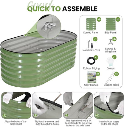 G GOOD GAIN Raised Garden Beds - 4x2x1.4ft Galvanized Planter Boxes Kit with Protective Tape & Gloves & Tools | Oval Metal Outdoor Raised Bed for Gardening Vegetables, Fruits, Flowers, Herbs, Oliver