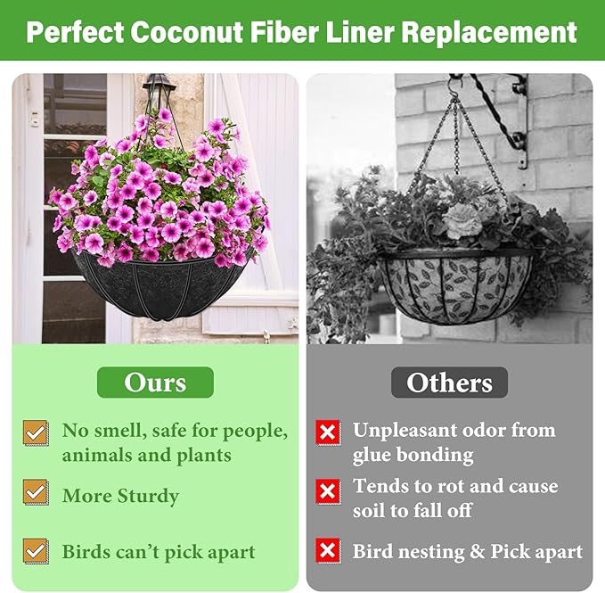 Riare 8 Pack 16 Inch Round Fabric Planter Basket Liner- Hanging Basket Liners Replacement Coco Fiber Liner Alternative for Hanging Basket Flowers (Prevent Birds from Nesting)