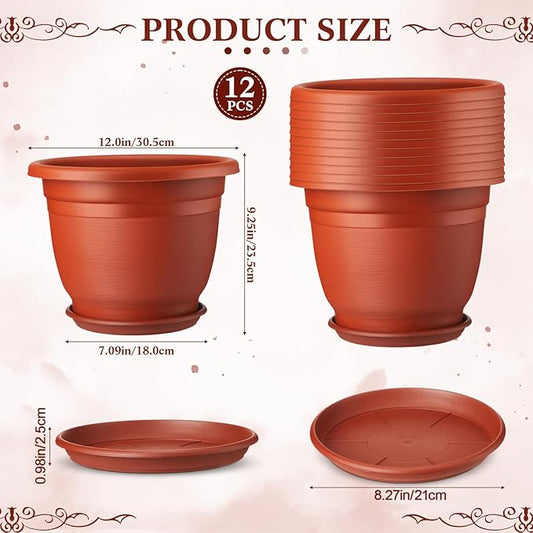 12 Pack 12'' Plastic Plant Pots Round Planter Pots with Saucer Tray Seedling Pots with Holes Seed Resin Plant Pot Starting Nursery Flower Container with Pallet for Garden Outdoor Indoor