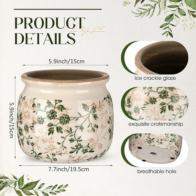 7.7" Large Ceramic Plant Pot Beige Green Jasmine Vine Crackle Glaze Rustic Flowers Pot Decorative Planter with Drainage for Indoor Outdoor Plants Home Kitchen Office Decor Gift