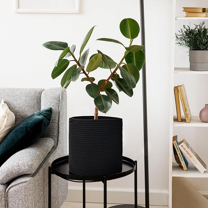 Cotton Rope Plant Basket, Woven Basket Planter for 11 inch Pot, Round Indoor Tree Pot Cover, Storage Bin Organizer, Modern Planter and Home Decor, 12.5”X12.5”, Black