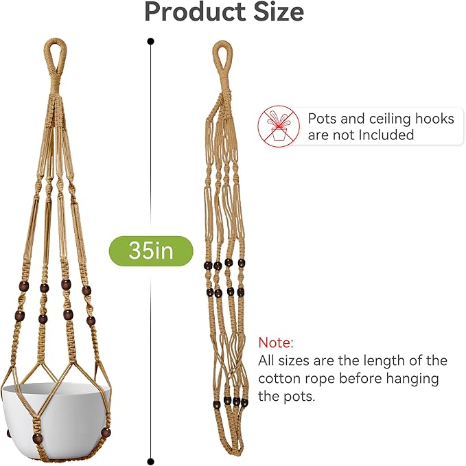 USLAI Macrame Plant Hanger Indoor Outdoor, Fits 4 to 15 Inch Pots, Strong Hanging Planter Holder, Boho Home Decor, 35 Inch, Brown, Set of 2 (POTS NOT Included)
