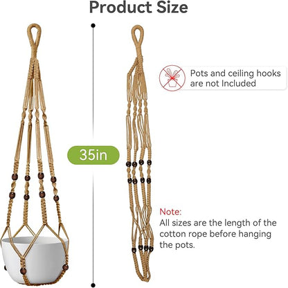 USLAI Macrame Plant Hanger Indoor Outdoor, Fits 4 to 15 Inch Pots, Strong Hanging Planter Holder, Boho Home Decor, 35 Inch, Brown, Set of 2 (POTS NOT Included)