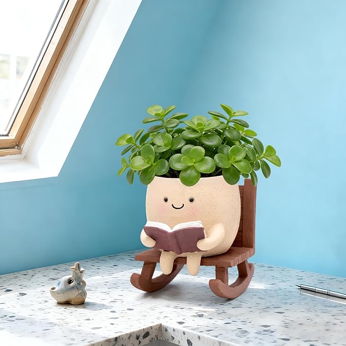 Rocking Chair Book Planter, Cute Smiley Face Succulent Plant Pots for Indoor Outdoor Plants, Unique Funny Flower Pots with Drainage Hole, Plant Gifts for Mother's Day, Birthday, Christmas