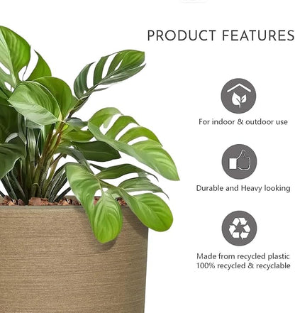 11 inch Plant Pot, Lightweight Weather & UV Resistant Plastic Plant Pot with Drainage Hole & Rubber Plug,Indoor Outdoor Pot for Palnts, Sandy Brushed Wood Texture Flower Planter for Home, Garden