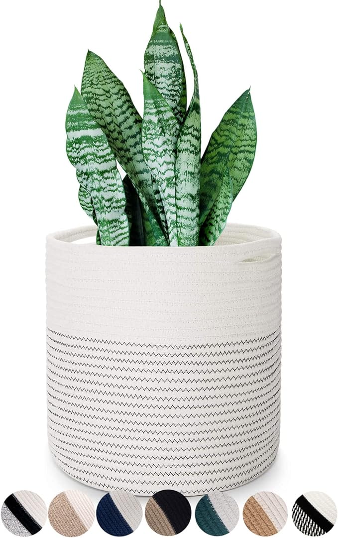 Woven Cotton Rope Plant Basket for 11 12" Flower Pot Floor Indoor Planters, Decor Basket for Plants Storage Organizer Modern Home Decor (12" x 12", White)