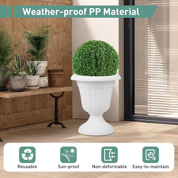 Giantex 18" Tall Vintage Planters Set of 2, Urn Plastic Flower Pots with/Pedestal Base & Pre-Marked Drain Hole, Indoor Outdoor Decorative Plant Containers for Front Porch Home Wedding, White