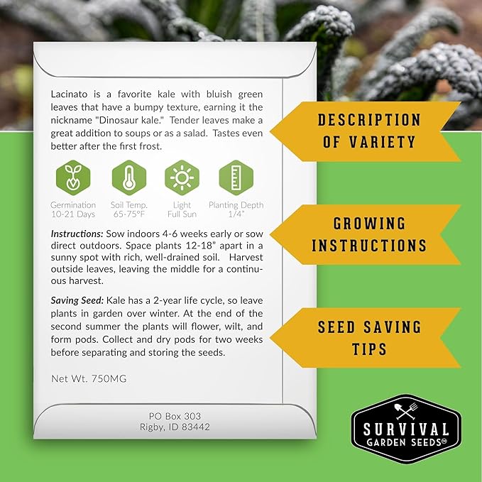 Kale Seeds 5 Variety Pack for Planting | Red Russian, Scarlet, Lacinato, Siberian & Ornamental Kale Seeds – Heirloom Non-GMO Cool Weather & Winter Greens – Survival Garden Seeds