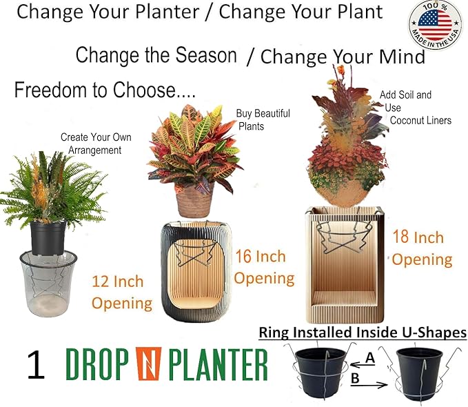 Premium Adjustable Planter Insert. Start at The TOP/Any Height Flower Pot. Any Opening 12-18 Inches Wide - Patented Fit, Stable, No Tools, Watch The Video & Drop IT in..Made in The USA