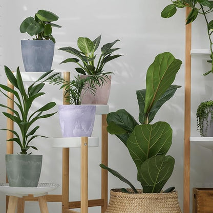 5 Pack Flower Pots 5 Inch Outdoor Plant Pots for Indoor Marble Pattern Plastic Tree Planters with Drainage Holes Gardening Gifts for Patio Home Garden Desk Decoration