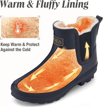HISEA Women's Plush Rain Boots Waterproof, Chelsea Rubber Booties Women, Ladies Ankle Snow Boots for Winter Spring Garden Outdoor