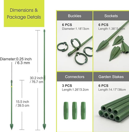 RIFNY Plant Stakes for Indoor Plants, 14 Inch Plant Support Stakes with Clips, Tall Adjustable Plant Sticks for Indoor Monstera Tomato Orchid Potted Plants Flower (6 PCS, Green)