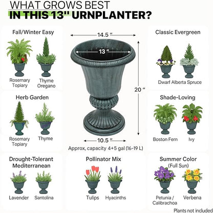 Magshion 20" Urn Planter for Outdoor and Indoor Plants, Large Decorative Front Porch Planter, Vintage Grecian Flower Pot for Patio, Garden & Entryway Décor, Antique Green