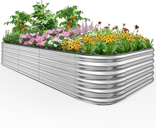 Quictent Raised Garden Bed Kit Oval Galvanized Metal Planter Box Tall for Vegetables Outdoor Backyard, Strengthened by Crossbar, Silver 8x4x1.5 ft