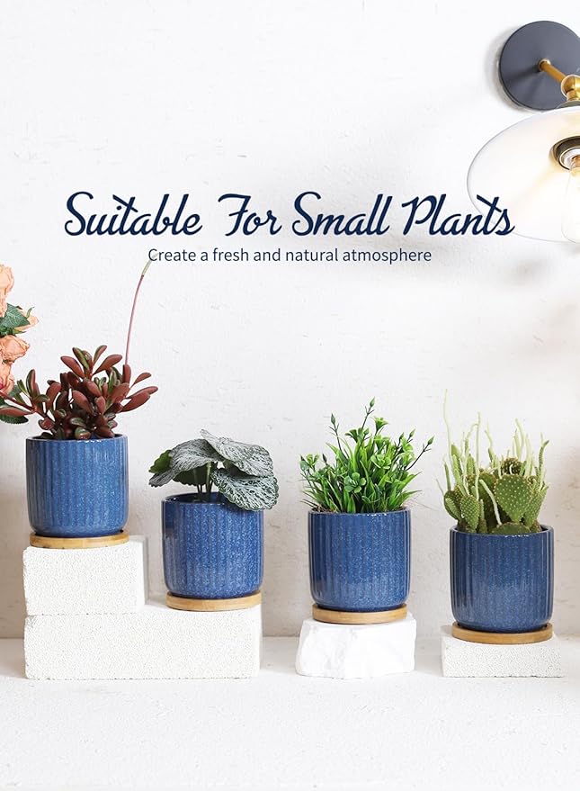 TAMAYKIM 4 Inch Cylinder Ceramic Plant Pots with Drainage Holes & Saucers, Glazed Small Boho Planters with Trays for Indoor Flower, Snake Plants, Succulent, Cactus, Blue, Set of 4