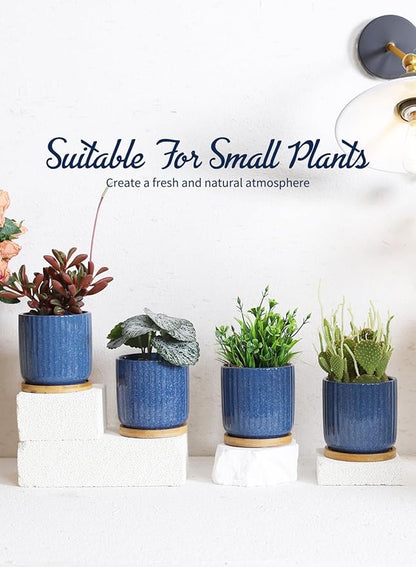TAMAYKIM 4 Inch Cylinder Ceramic Plant Pots with Drainage Holes & Saucers, Glazed Small Boho Planters with Trays for Indoor Flower, Snake Plants, Succulent, Cactus, Blue, Set of 4