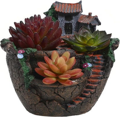 OUNONA Fairy Garden Planter Creative Flower Pot Holders with Hanging Garden Design Micro Landscape Succulent Plants for Indoor and Outdoor Plant Decor 3-Pot Planter with Sweet House for Desk Balcony