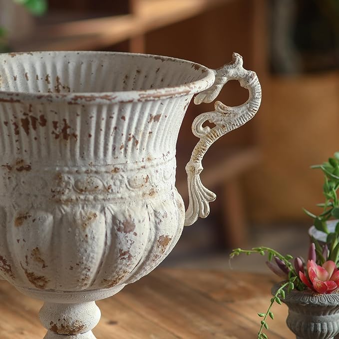 Balcony Vintage Style Distressed White Metal Indoor Outdoor and Garden Planter European Retro Rustic Shabby Chic Iron Flower Pot with Handle for Home Decor