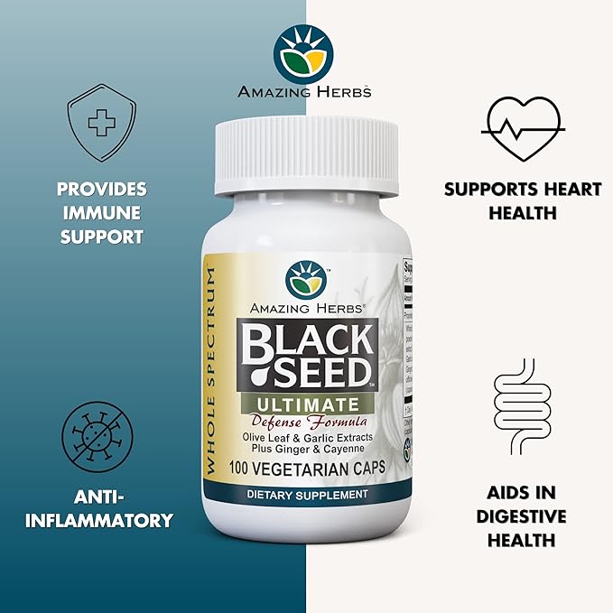 Amazing Herbs Whole Spectrum Black Seed Ultimate, Vegetarian Capsules - Olive Leaf & Garlic Extracts Plus Ginger & Cayenne, Gluten Free, Non GMO, Vegan - 100 Count (Pack of 2)