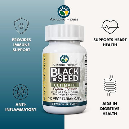 Amazing Herbs Whole Spectrum Black Seed Ultimate, Vegetarian Capsules - Olive Leaf & Garlic Extracts Plus Ginger & Cayenne, Gluten Free, Non GMO, Vegan - 100 Count (Pack of 2)