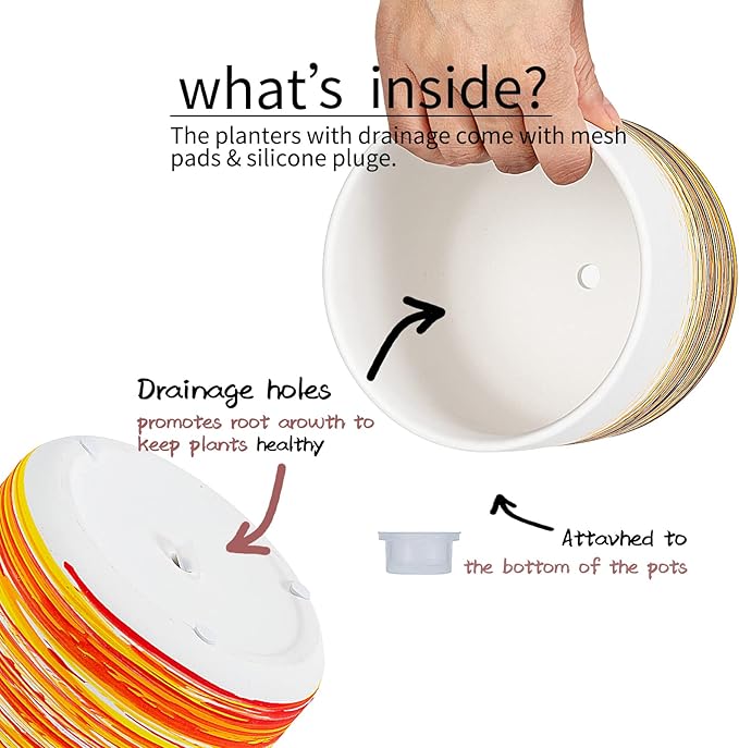 Ceramic Plant Pots 5.1+4.3+3.7 inch Hand-Painted Small Flower Pot Set of 3 Planters with Drainage Hole and Plug Used for Indoor Plants and Other Outdoor Garden（Orange）