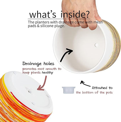 Ceramic Plant Pots 5.1+4.3+3.7 inch Hand-Painted Small Flower Pot Set of 3 Planters with Drainage Hole and Plug Used for Indoor Plants and Other Outdoor Garden（Orange）
