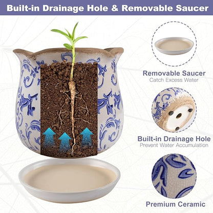 Ceramic-Planters-for-Indoor-Plants with Saucer, 6 inch Vintage Ice Crackle Glaze Plant Pots with Drainage Holes, Decorative Flower Pots for Outdoor Garden Home Decor, Tuscan Pot for Plant