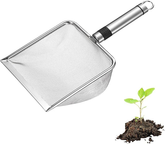 1-Pack Gardening Soil Sifter, 1 mm Mesh Stainless Steel Sand Soil Compost Sieve with Stainless Steel Handle for Sand/Dirt/Rock Compost, Screen Potting Scoop [Silver Tone]
