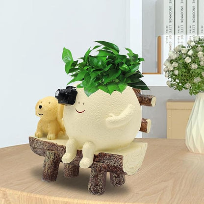 Cute Funny Resin Bench Smiley Face Plant Pot Unique Head Succulent Planter for Indoor & Outdoor Flower