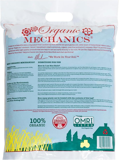 Organic Mechanics Pure Rice Hulls, 8 qt (Pack of 2) - Sustainable Alternative to Perlite - Enhances Drainage, Porosity and Air Space - Eco-Friendly