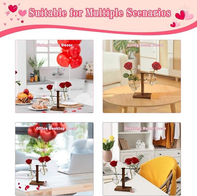 XXXFLOWER Plant Terrarium Wooden Stand, Hydroponic Planter Bulb Glass Metal Swivel Holder Retro Air Plants Water Plants for Home Office Decoration,Gifts for Plant Lover Wife Mom- 2 Love Bulb Vase