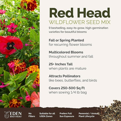 Eden Brothers Red Head Wildflower Mixed Seeds for Planting, 1/4 lb, 120,000+ Seeds with Maltese Cross, Scarlet Flax | Attracts Pollinators, Plant in Spring or Fall, Zones 3, 4, 5, 6, 7, 8, 9, 10