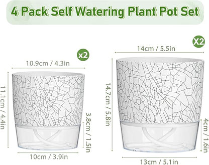 Self Watering Pots for Indoor Plants, 4/5.5 Inch Crackle Pattern Planters with Clear Water Reservoir & Wick System, 4 Pack Plastic Flower Pots for Succulents, Herbs, African Violets