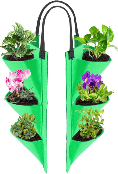 Miewslan Vertical Railing Planter, 6 Pocket Hanging Fabric Planter Bag Outdoor Fence Plant Pots, Wall Hanging Planting Grow Bags Flower Pouch for Garden Fence Balcony (Green)