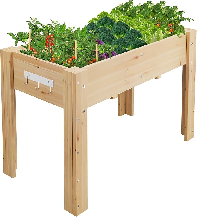 GarveeHome Elevated Garden Bed with Legs & Hooks, 47x30x22 Inch (4x2.5x1.8 ft) Raised Wood Planter Box for Vegetables/Herbs, Outdoor Patio & Backyard with Non-Woven Liner,Natural Wood
