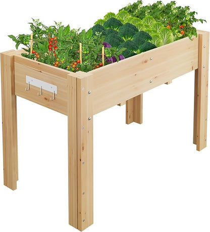 GarveeHome Elevated Garden Bed with Legs & Hooks, 47x30x22 Inch (4x2.5x1.8 ft) Raised Wood Planter Box for Vegetables/Herbs, Outdoor Patio & Backyard with Non-Woven Liner,Natural Wood