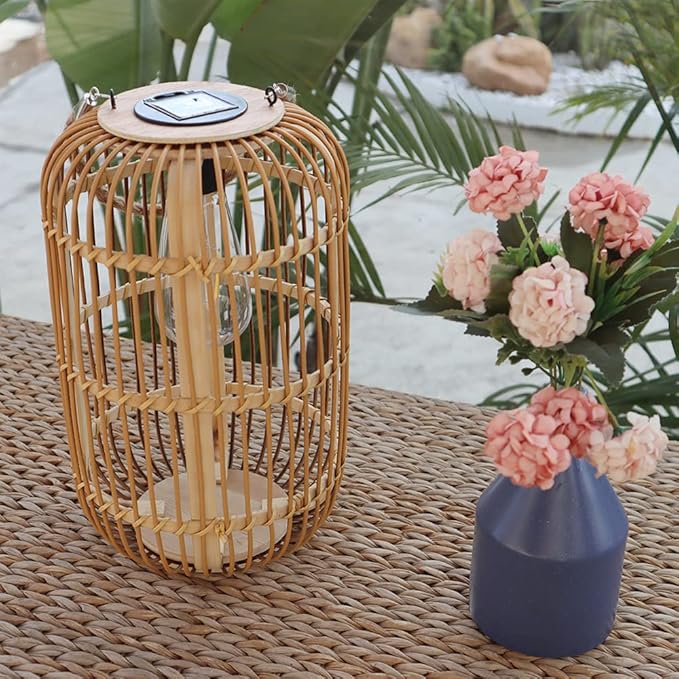 Livinlarge Solar Lantern Outdoor Waterproof, Large Rattan Solar Lantern Outdoor Hanging with Handle, Natural Bamboo Solar Outdoor Lights with Edison Bulb for Garden Patio Yard Tabletop Decoration
