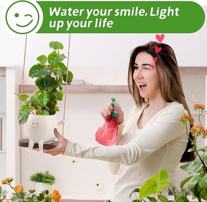 Large Glossy Swing Smiley Face Planter Pot Head, Hanging Planter for Indoor Outdoor Plants, Cute Hanging Flower Pot for String of Pearls Plant Live, Birthday Gifts(Garden, Large)