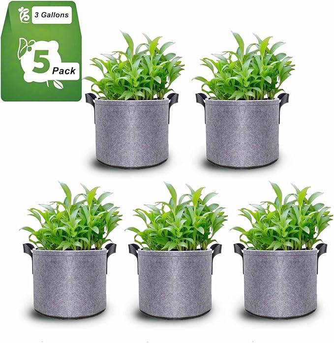 3 Gallon Grey Grow Bags 5pcs Pack Fabric Plant Pots, Garden Planters non-wovenTomato Potato Grow Bag, Raised Bed Alternative, Flower Nursery Pot Gardening Supplies with Reinforced Nylon Handles