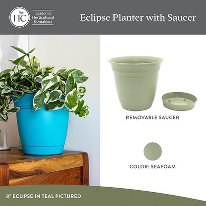 The HC Companies 16 Inch Eclipse Round Planter Pots with Drainage Holes & Attached Saucer, Lightweight UV-Resistant Plastic Indoor Outdoor Planters, 2-Pack Flower Pots for Garden & Home Decor, Seafoam