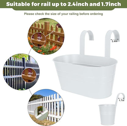 3 Different Size Metal Iron Hanging Flower Pots 10 Pcs for Outdoor Plants Metal Hanging Bucket Pots Iron Railing Fence Planter with Drainage Holes and Hooks for Porch Railing Balcony Fence (White)